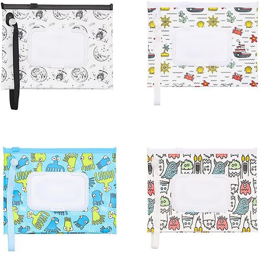 HomeSoGood 4Pcs Wet Wipes Bag Wipes with Easy-Carry Snap-Strap Portable Flip Cover Cosmetic Pouch Tissue Box Accessories(7.09inch)