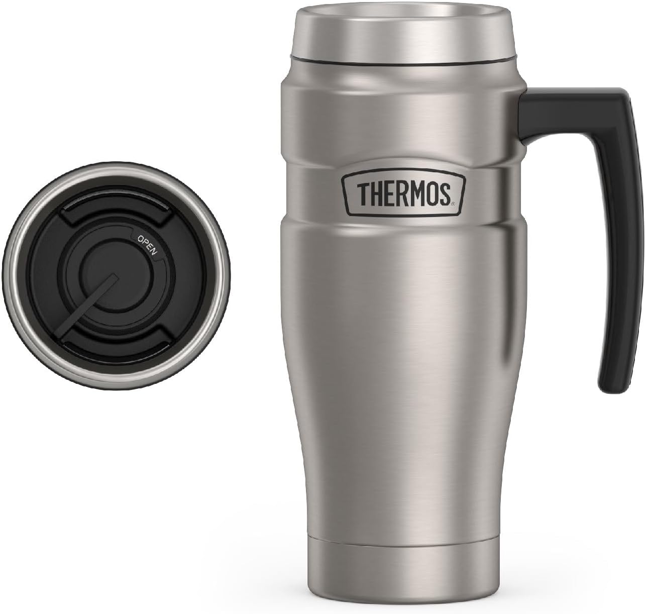 Stainless King Vacuum-Insulated Travel Mug with Handle - 16oz, Matte Steel - Thermos Tumbler for Hot & Cold Drinks - Leak-Proof & Sweat-Proof Stainless Steel Coffee Mug with Lid for Commuting