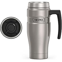 THERMOS 不锈钢特大号真空保温旅行杯带手柄 - 16oz,哑光钢 - 热饮和冷饮保温杯 - 防漏和防汗不锈钢咖啡杯带盖,用于通勤