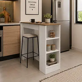 Bancada de Cozinha Ilha Gourmet Americana 2 Prateleiras 90cm Linha Bologna Cor Branco/Mel - Mademovel
