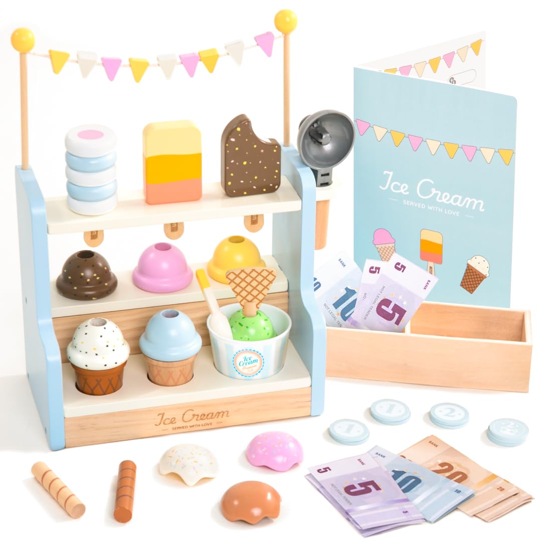 UMU® Kinder Eisdiele aus Holz - Eisladen inkl. Küchenzubehör, Spielgeld, Menükarte usw., Kinderküche Kaufläden & Zubehör zum Rollenspiel, 37-TLG. Holzspielzeug für Kinder ab 3 4 5 6 Jahren