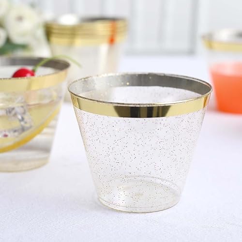 Efavormart - Paquete de 25 vasos de plástico para fiestas, 9 onzas, color dorado transparente con purpurina, vasos de cóctel desechables Efavormart - Paquete de 25 vasos de plástico para fiestas, 9 onzas, color dorado transparente con purpurina, vasos de cóctel desechables