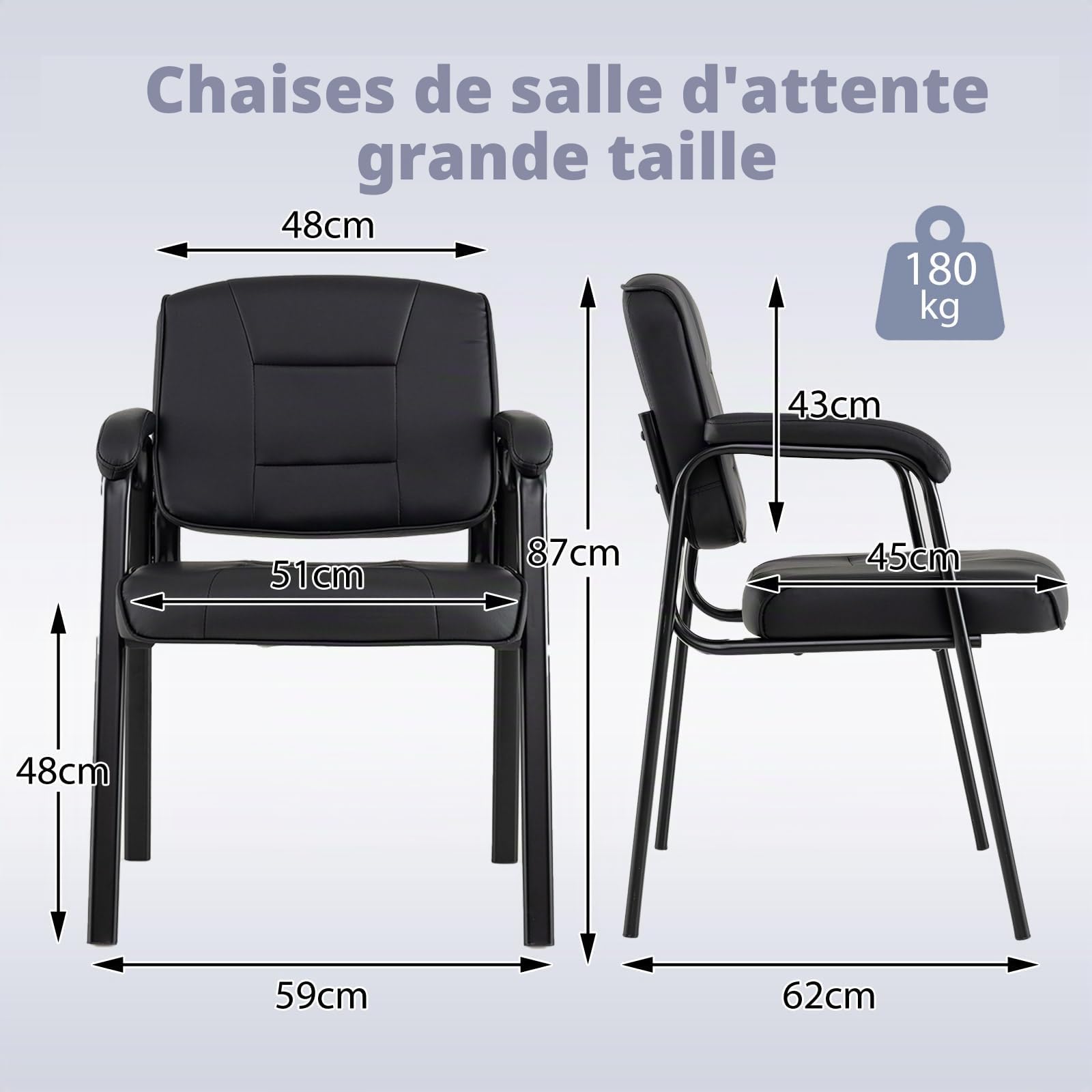 GIANTEX Lot de 2 Chaises de Conférence en Cuir Synthétique, Dossier et Accoudoirs Rembourrées, Cadre en Métal, Jusqu'à 180 kg, Chaise Visiteur pour Bureau, Salle de Conférence, Noir