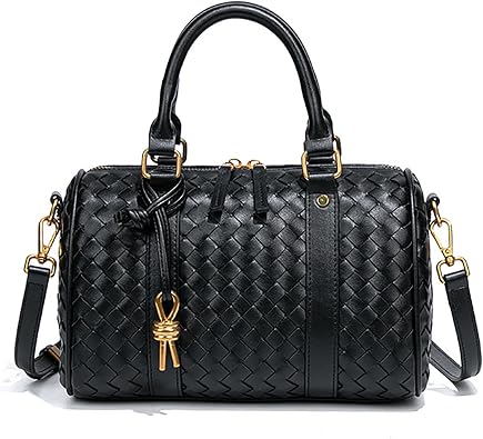 Woven Boston Barrel Bag for Women, Black