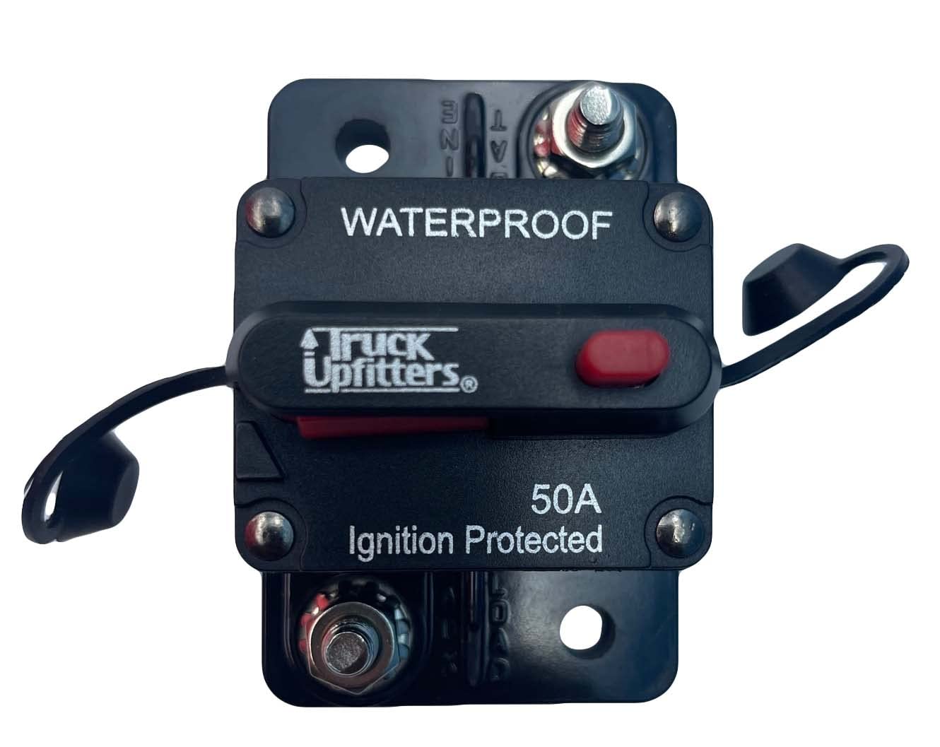 Truck Upfitters Surface Mounted 50A Circuit Breaker (12V-48V, 50 Amp). for DC Automotive and Marine/Boat use: Main Power Breaker, Audio, Winches, Solar, Lighting, Electric Motors & Other Accessories.