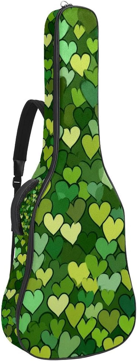 Seamless Green Hearts Pattern Acoustic Guitar Gig Bag, 1 cm Thick Padding Waterproof Guitar Bag Backpack for 40 41 42 Inch Electric Bass Classical Guitars