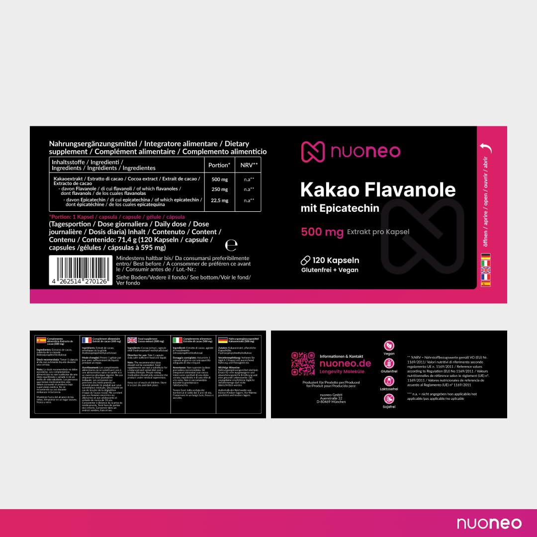 Flavonoli del cacao 250 mg con 22,5 mg di epicatechina per capsula – Flavonoidi del cacao 120 capsule – Bioflavonoidi – Supporta l'elasticità vascolare e la circolazione sanguigna – nueneo