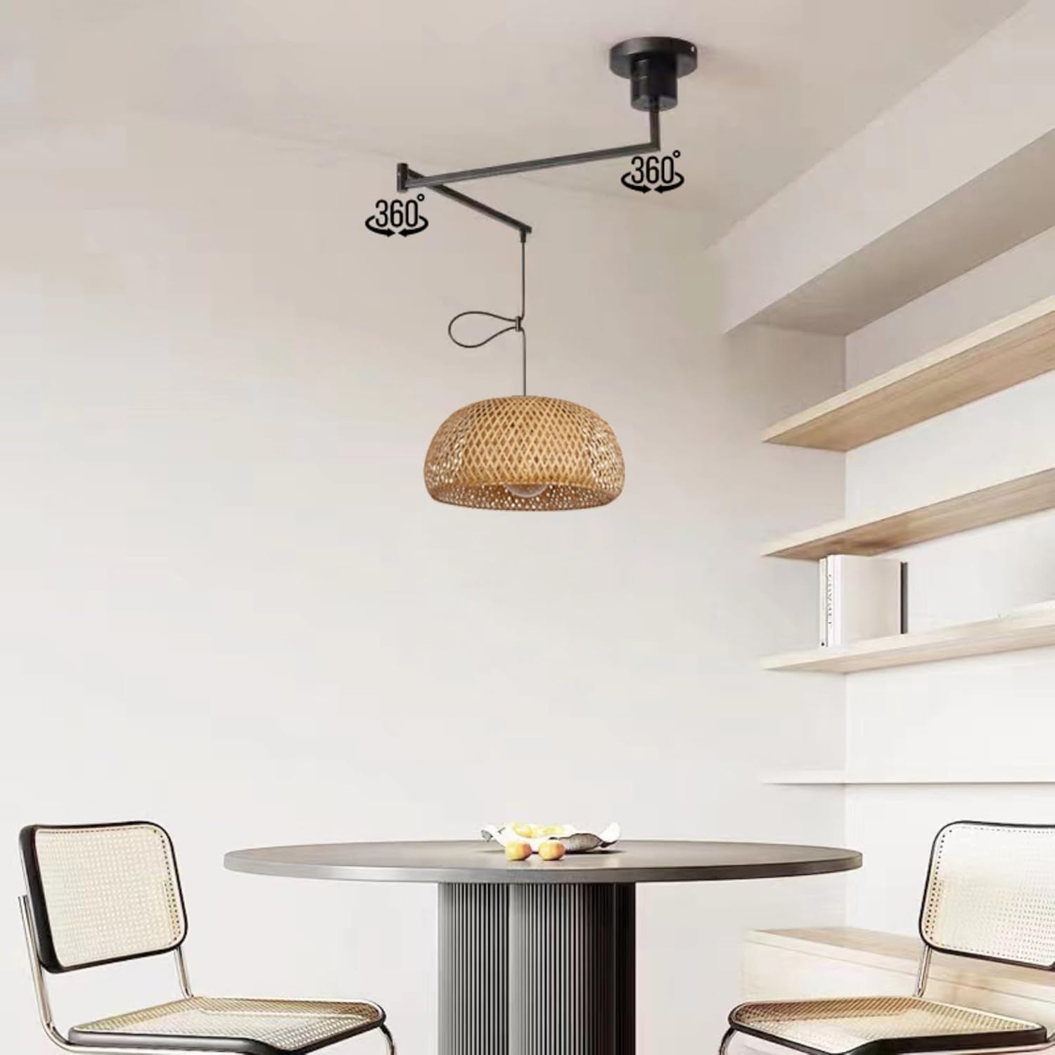 Boho Light Rattan Adjustable Swing Arm Lighting Kitchen Island Hand Woven Bamboo Hanging Lamp Industrial Light Fixture Wicker Coastal Chandelier for Dining Room Bedroom/14.9''