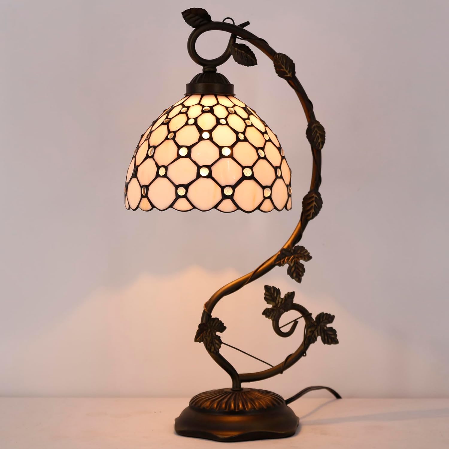 WERFACTORY Tiffany Table Lamp Cream Stained Glass Pearl Style Desk Light with Metal Leaf Base 8X10X21 Inches Decor Small Space Bedroom Home Office S005 Series