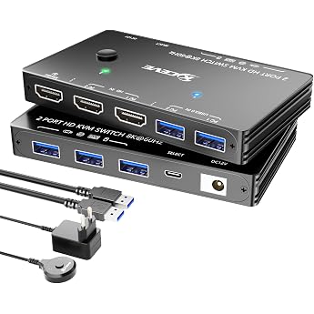HDMI KVM Switch 2 PC 1 Monitors 8K@60Hz 4K@120Hz ESKEVE USB3.0 KVM Switch for 2 PCs Sharing 1 Monitor and 3 USB3.0 Devices Includes USB Cable Power Adapter and Cable Remote Control