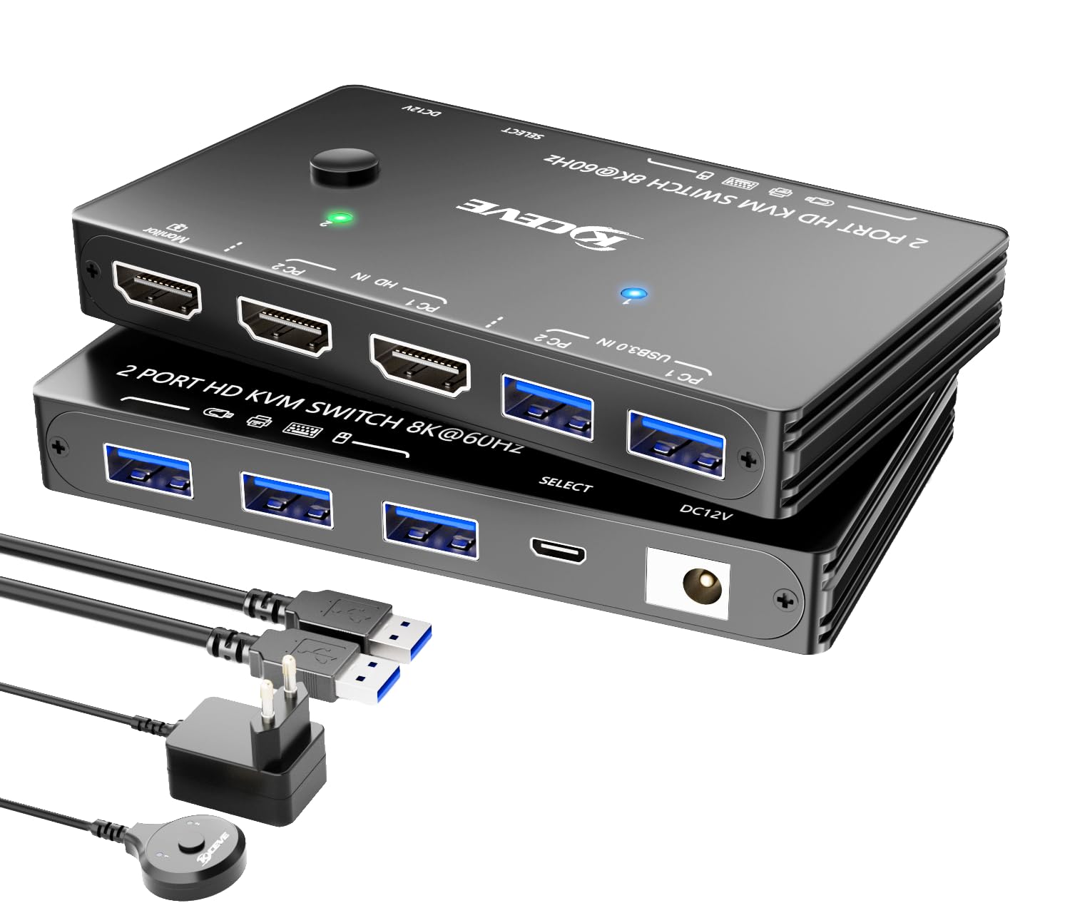 Commutateur KVM HDMI 2 PC 1 moniteurs 8K@60Hz 4K@120Hz, ESKEVE USB3.0 Switch KVM pour 2 PC partageant 1 moniteur et 3 périphériques USB 3.0, avec câble USB, adaptateur secteur et télécommande par
