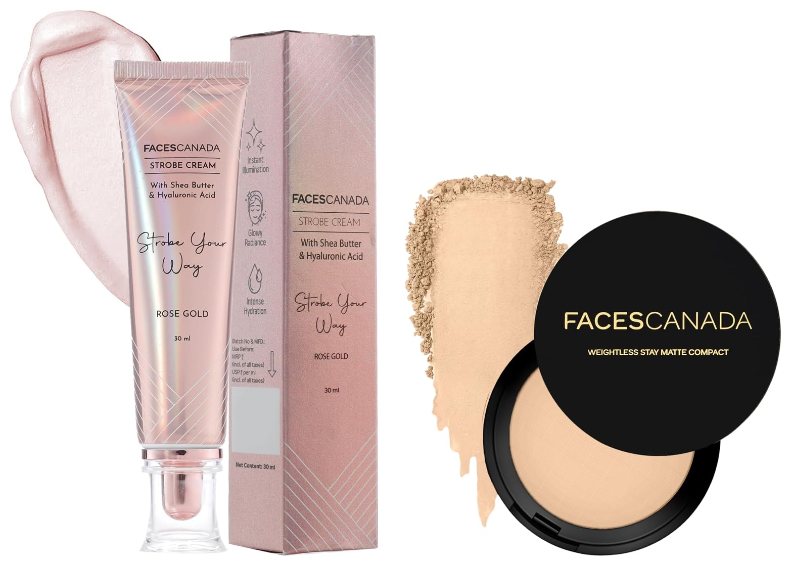 FACESCANADA Strobe Cream - Rose Gold, 30Ml And Weightless Stay Matte Finish Full Coverage Compact Powder For All Skin Type- Natural 9 G