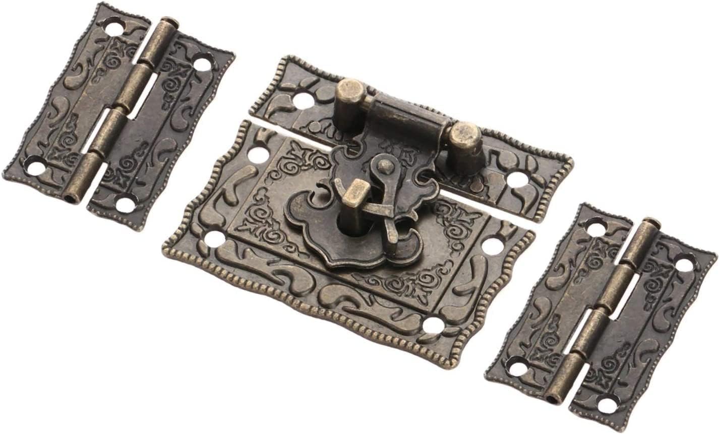 Bronze Tone Hasp,Decor Hook Lock,Antique Latch Hook,Antique Bronze Padlock Lock Jewelry Wood Box Latch Hasp Clasp +2pcs Suitcase Cabinet Hinge Vintage Furniture Decorative Hardware