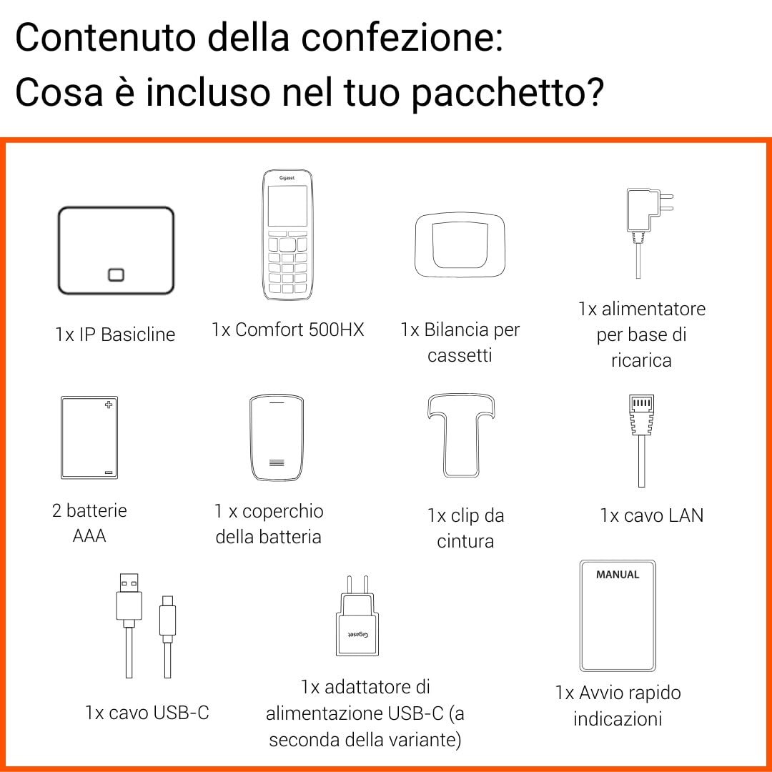 BasicLine IP + COMFORT 500HX – Base per telefonia via Internet, abbinata a un ricevitore HX, qualità vocale HD, Made in Germany, argento-nero [Compatibile in DE, IT, FR, NL, BE, ES, CHE]