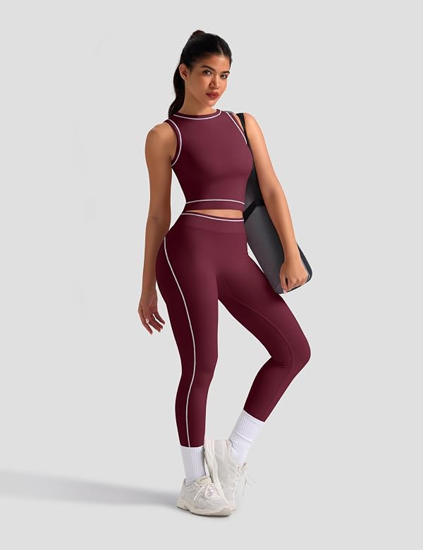 Women Workout Sets 2 Piece Seamless Crop Tank Tops Butt Lifting Leggings Contrast Trim Matching Set Gym Yoga Outfits (Plum, Medium) by TDIFFUN - Used condition - Image 2