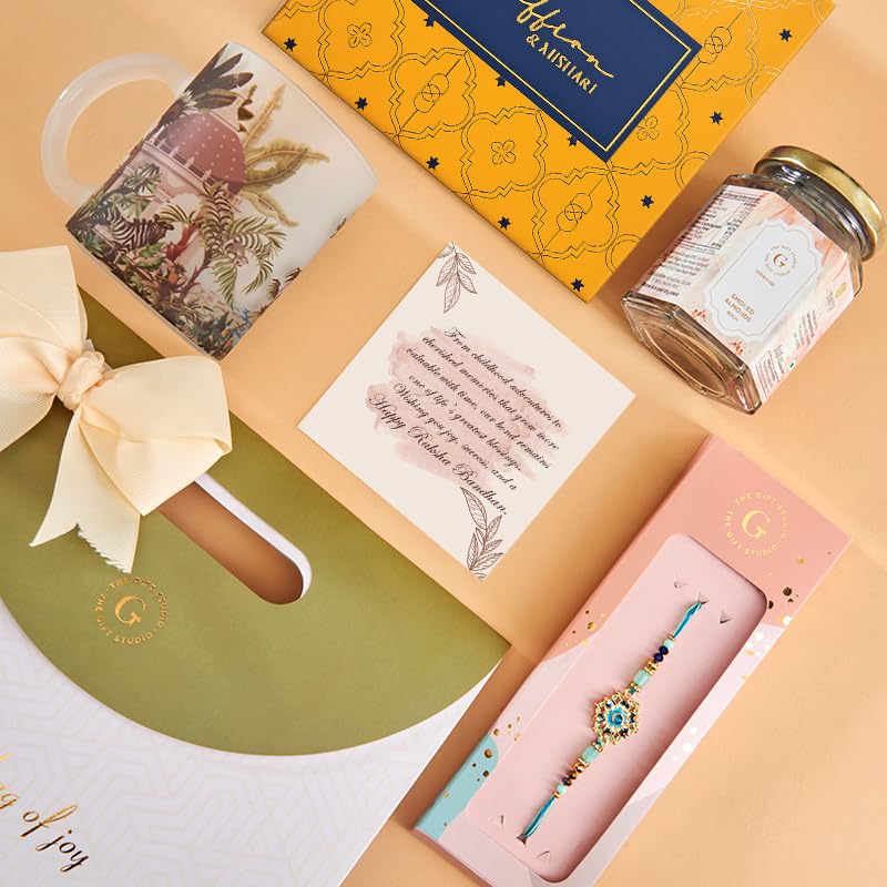Image of THE GIFT STUDIO.COM | Rakhi Vibe Hamper for Brother | Meenakari Bloom Rakhi, Kaju Katli, Smoked Almonds, Mug & Greeting Card | Raksha Bandhan Gift