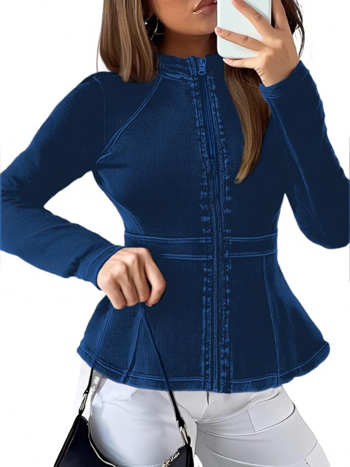 Casual Denim Peplum Jacket for Women Long Sleeve Zip Front Athletic Workout Ruffle Blazer Coats - Image 3