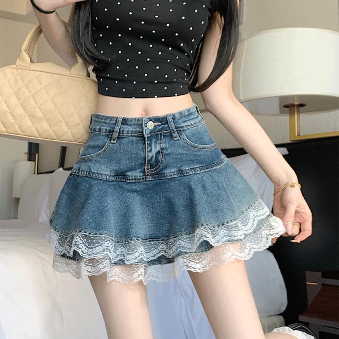 Y2K Gothic Kawaii Fashion Casual Style High Waist Vintage Lace Trim Layered Ruffle Denim Short Skirt - Image 4