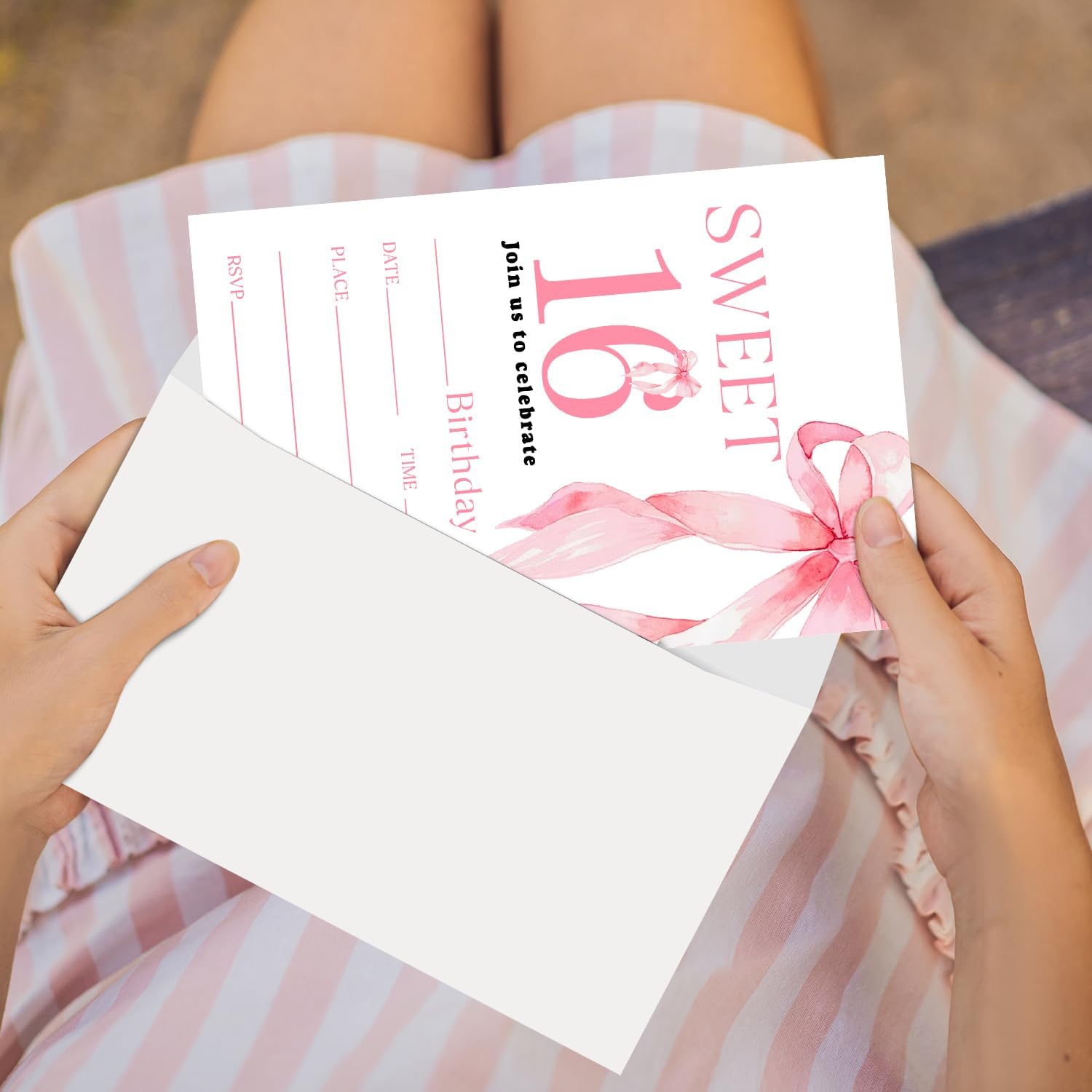 Zodvery Sweet 16th Birthday Party Invitations Cards - Pink Bow Party Invites for Girls - Kids Fill in the Blank Invites Favors Supplies, 20 Cards with Envelopes set/B01