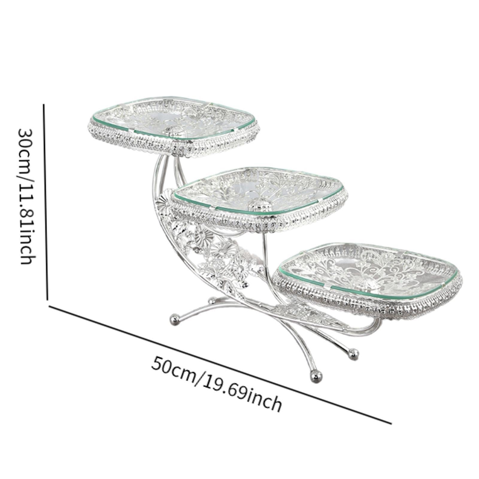 Soporte para Cupcakes de Niveles Bandeja de Postres con Diseño Artístico Estructura Metálica Y Vidrio Resistente Adecuado para Fiestas, Plata, Individual
