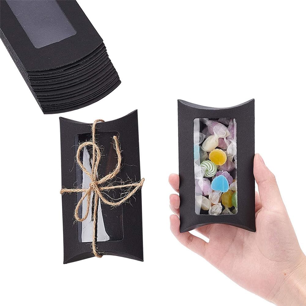 Wzttdm 40pcs Kraft Paper Mini Pillow Packaging Box with Clear Window, Box Treat Gift Packaging Box for Bakery Candy Chocolate Jewelry Display Wedding Party Favor (Black, 5 x 3 x 0.8 inches) image 3