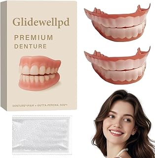 GXGM 2 Sets Zahnprothesen, Zahnersatz Prothese Komplett, Premium-Zahnprothesen, weiches und sicheres formbares Kunstgebiss-Set, Silikon-Unterfütterungsset für Männer und Frauen, mit 50g Zahnungsgel(C)