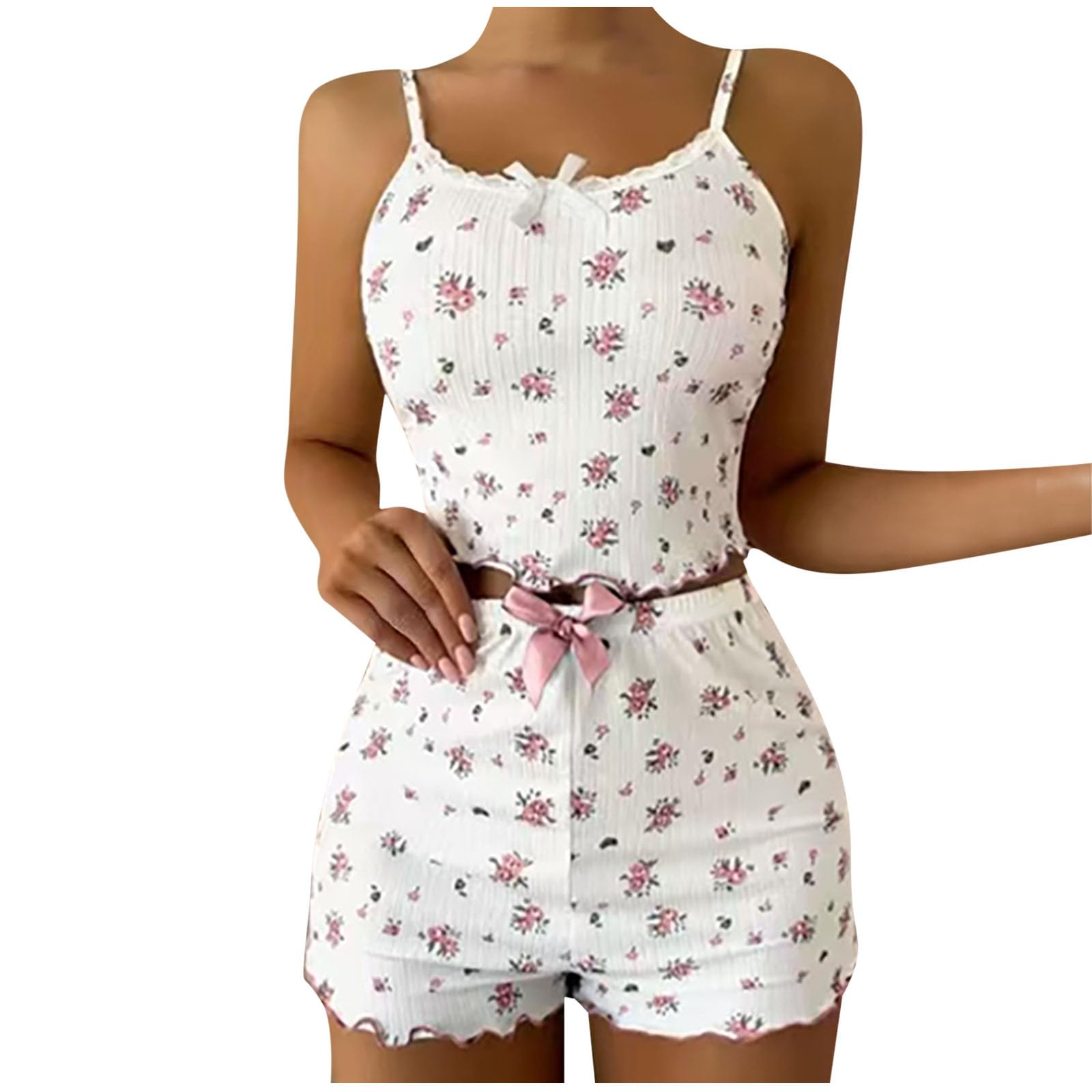 Xiaojmake Women 2 Piece Pajamas Sets Y2k Cute Print Ribbed PJ Set Sleeveless Cami Top and Short Matching