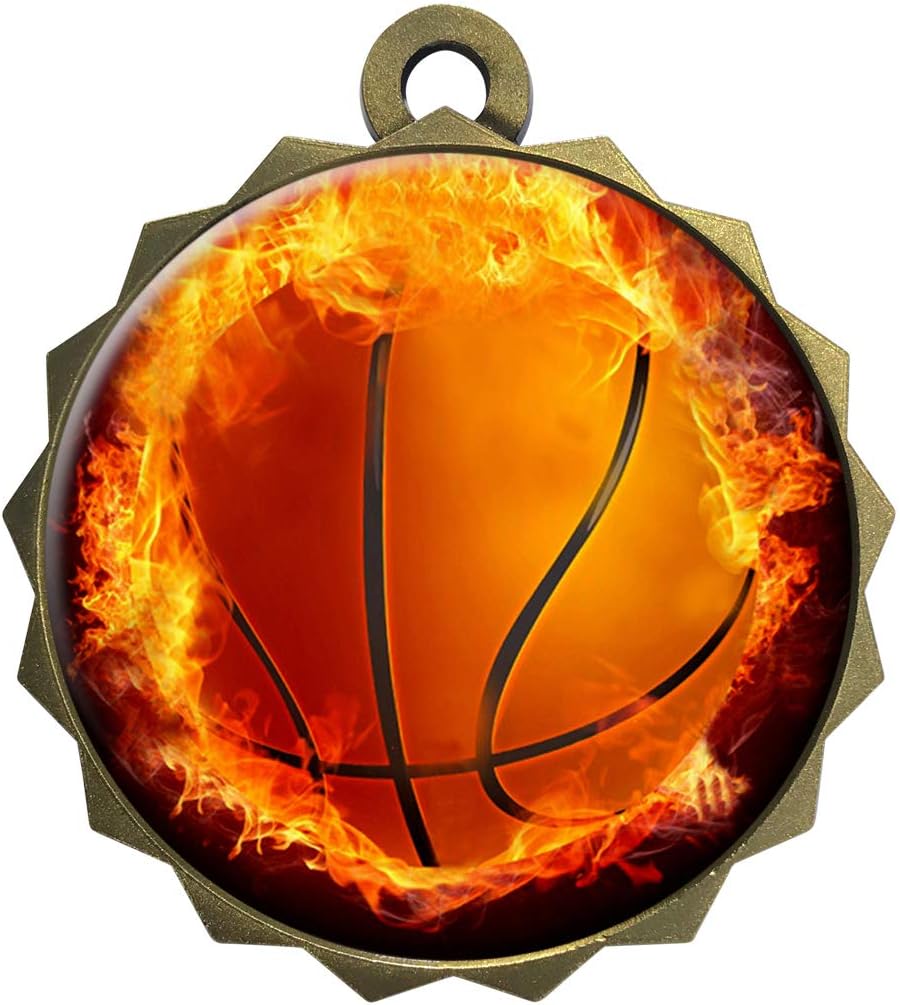Express Medals Custom Flame Basketball Gold Medal Trophy Award with Neck Ribbon & Attached Engraved Plate on Back LAZD214-EMFCL803 10PK