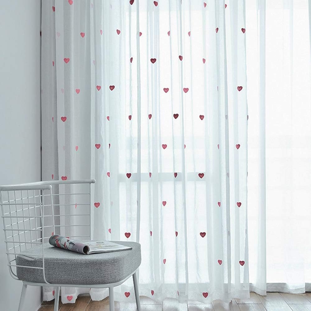 White Sheer Curtain with Pink Heart Embroidery for Girls Bedroom Rod Pocket Window Panel for Princess Teenage Daughter Closet-Sheer Backdrop 1 Panel (W75 x L84inch)