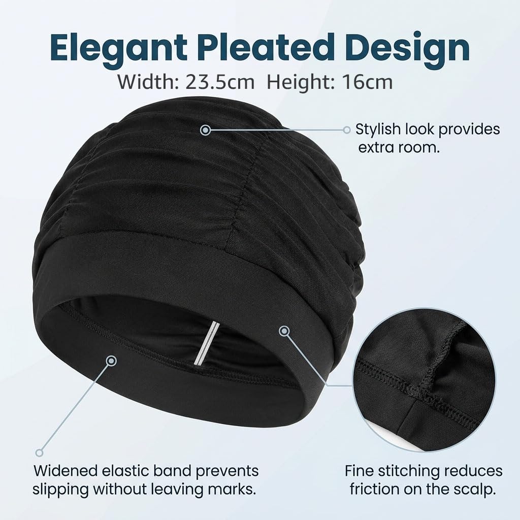 Gorro de Natación Mujer [Pack de 2] - Gorro de Baño de Tela Negro Elástico para Pelo Largo Transpirable para Piscina Playa y Aquagym Talla Universal Negro