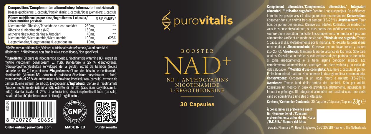 PUROVITALIS NAD+ 520mg, Nicotinamida Ribósido, Ergotioneína, 30 Cápsulas | Energía celular con L-Ergotioneína y antocianinas; reparación del ADN; suministro 1 mes, sin gluten, GMP, vegano