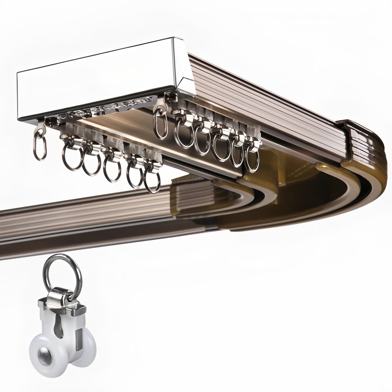 Gzdxbf Champagne Heavy Duty Double Conjoined Curtain Track Set (Ceiling Mount) Bay Window Ceiling Curtain Rail, Curtain Rod For U Shape L Shape Window Room Divider(,400Cm(4 * 100Cm))