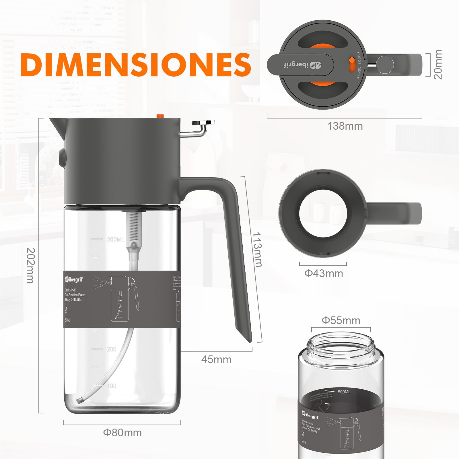 Ibergrif 2 en 1 Pulverizador de aceite 500ml – Aceitera spray con Interruptor, Vidrio de borosilicato, Antigoteo para Freidora de aire, Gris, M530 — view 8