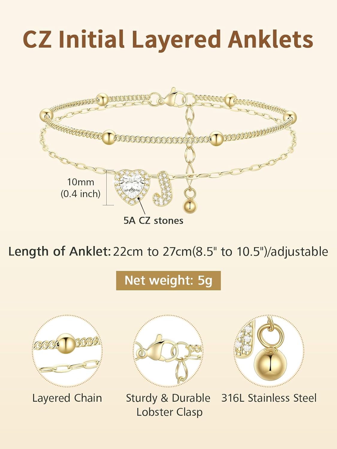 FindChic Initial Anklet for Women, Silver/Gold Plated Layered Beaded Ankle Bracelet with Cubic Zirconia Initial Charm, Adjustable Waterproof Non-Tarnish Foot Jewelry for Summer Beach