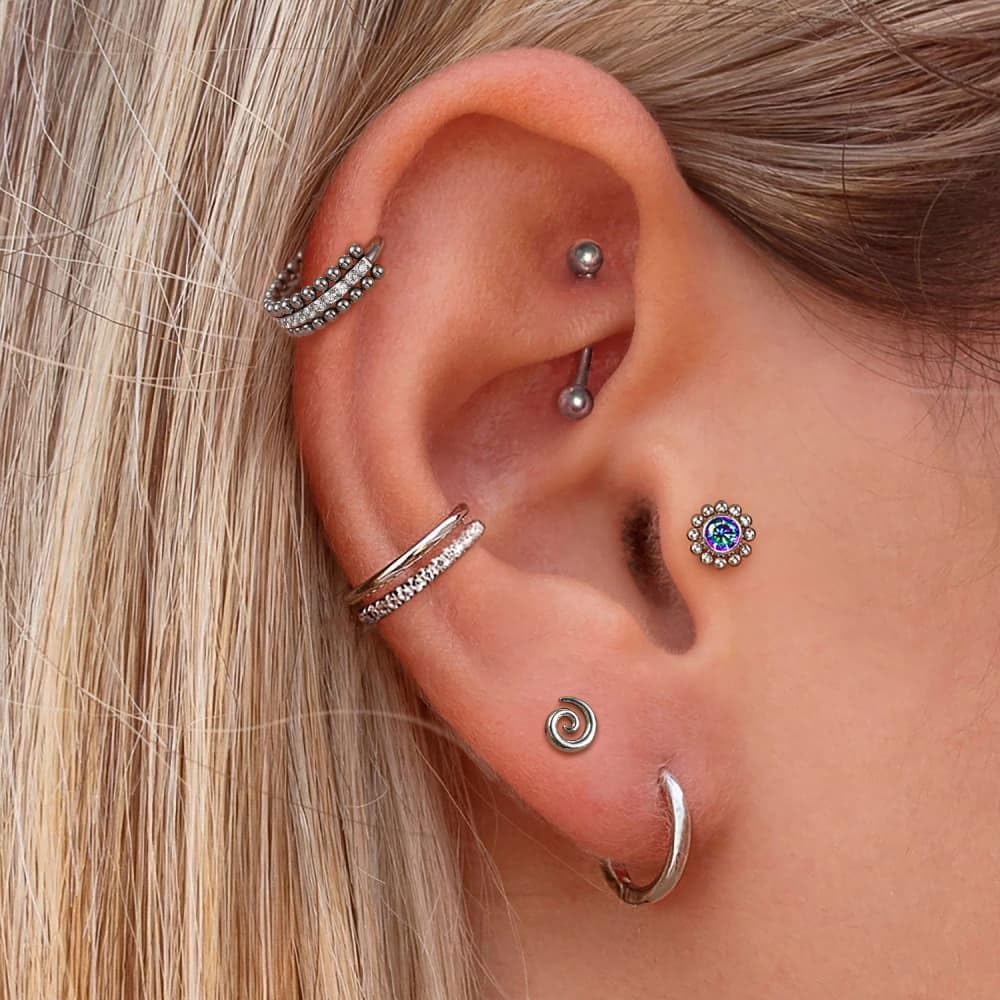 1 Pair ASTM F136 Titanium 16G Spiral Threadless Flatback Piercing Ear Stud for Nose, Labret, Tragus, Helix, Conch with Post- Cartilage Earring Body Piercing Jewelry