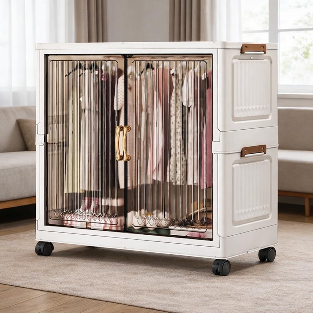 EXVITO Portable Kids Wardrobe with Magnetic Doors | Foldable Plastic Baby Almirah with Lockable Wheels | Compact Storage Cabinet for Clothes & Toys (70×38×71 cm) - Y710