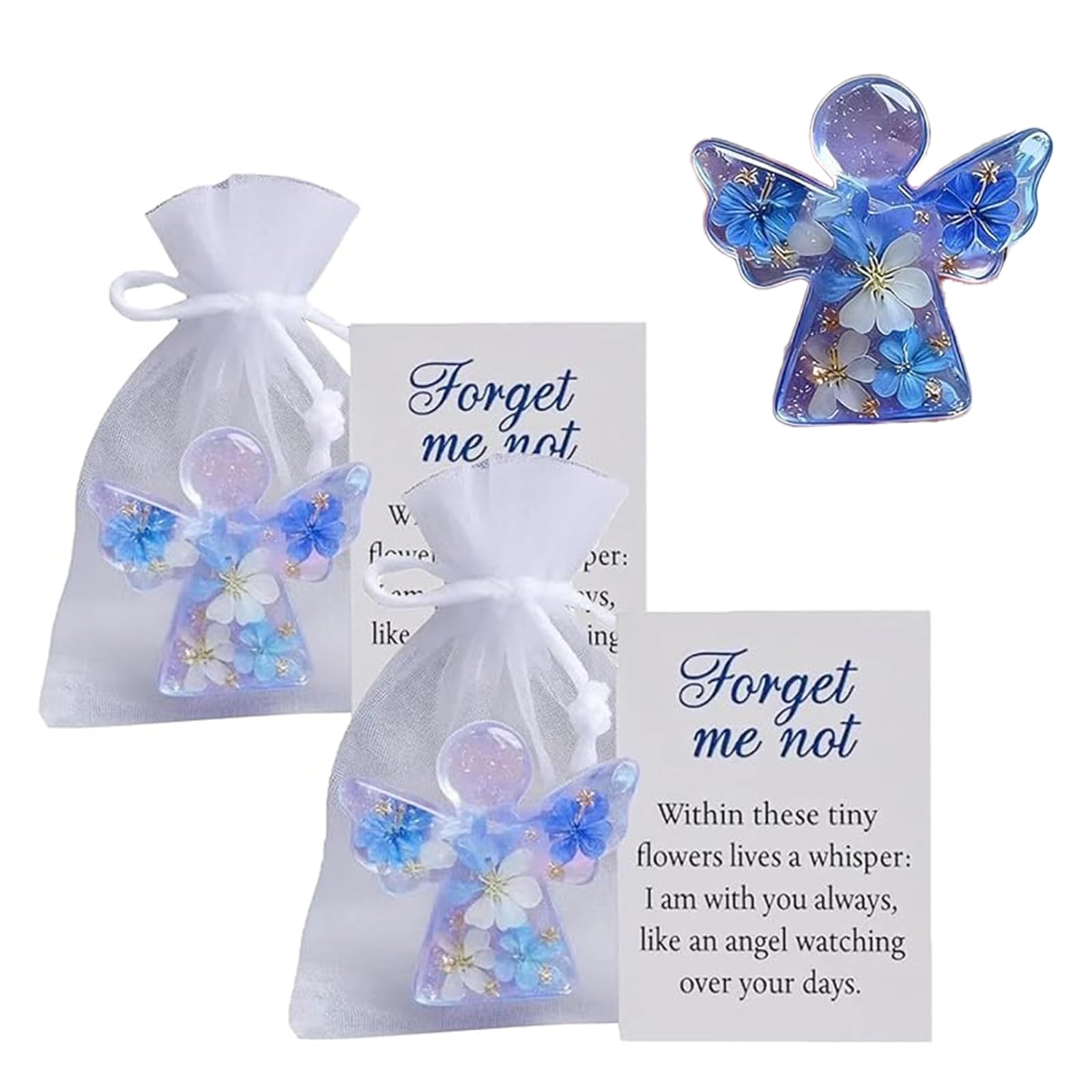 Ceegeww Blue And White 2 Pcs Forget Me Not Gifts,Blue Forget Me Not Angel,Angel Pocket Hug In Memory Of The Dead Forget Me Not Gifts,Inspirational Message Card, Emotional Support Gift For Remembrance