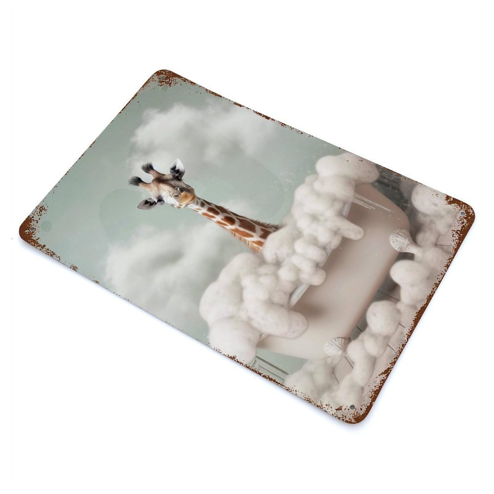 Giraffe Taking A Bath Aged Metal Wall Plaque 11.8"x7.9", for Pub, Kitchen And Man Cave Decor, Decorative Metal Wall Art