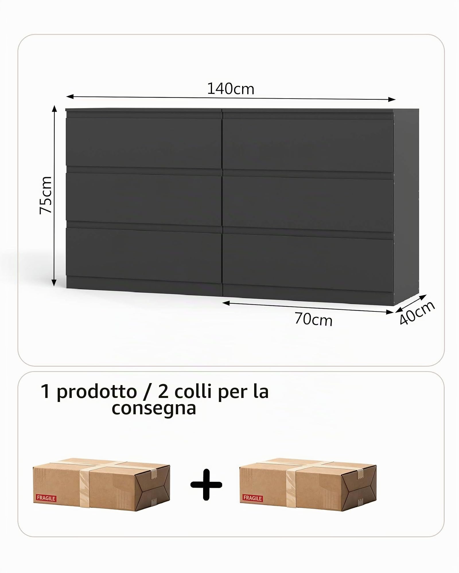 Cassettiera nera con 6 cassetti, per camera da letto