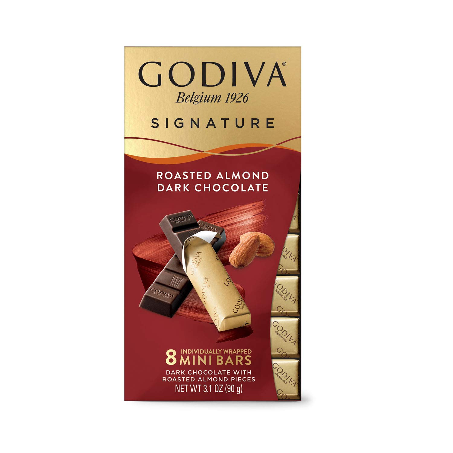 Godiva Roasted Almond Dark Chocolate Mini Bars, Individually Wrapped Snacks, Rich Dark Chocolate with Crunchy Almond Pieces, Shareable & On-the-Go Treat, 12 Ct, 8pc each