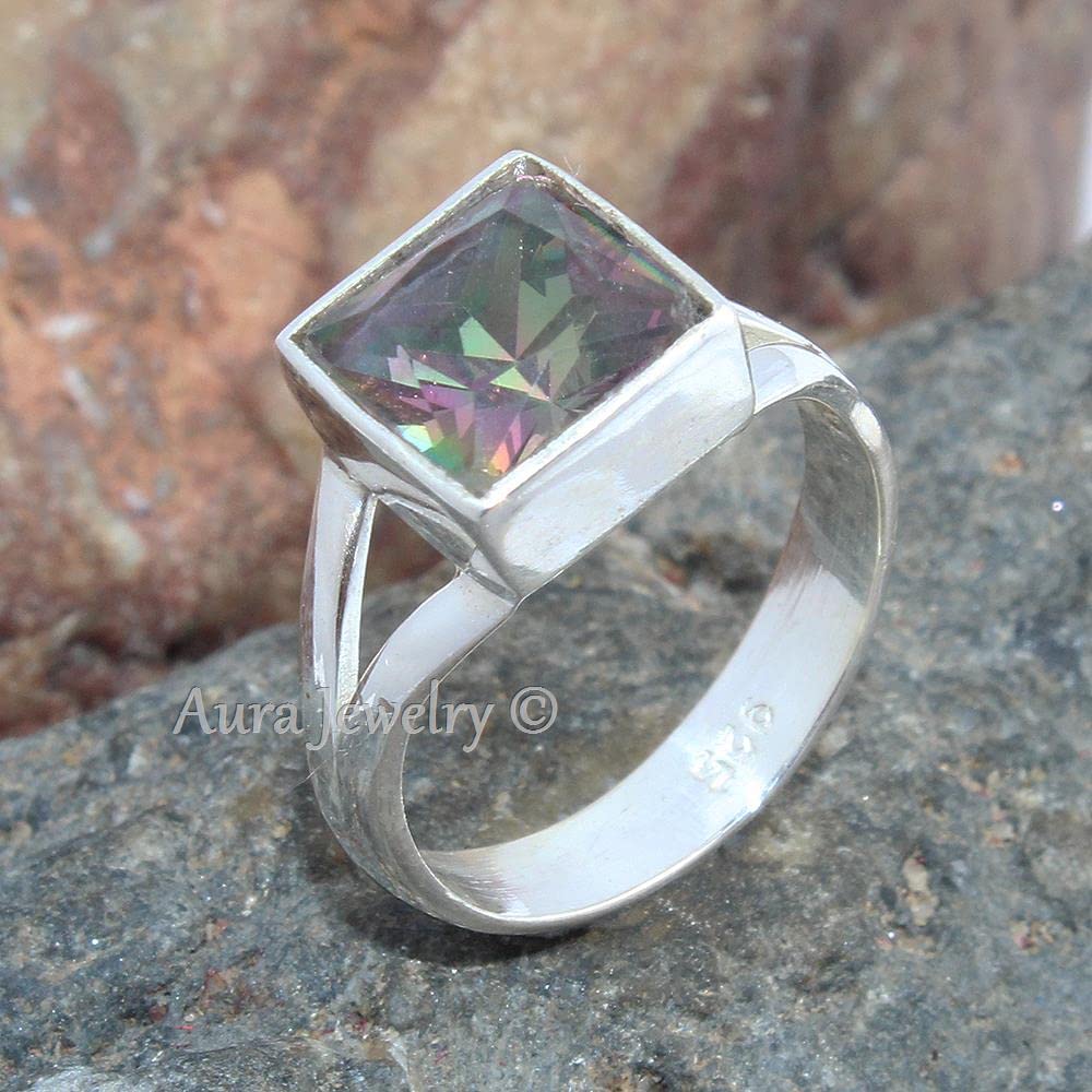 Anillo de plata esterlina fina para mujer Anillo de topacio místico natural Anillo de compromiso de plata esterlina Conjunto de bisel Anillo de piedras preciosas