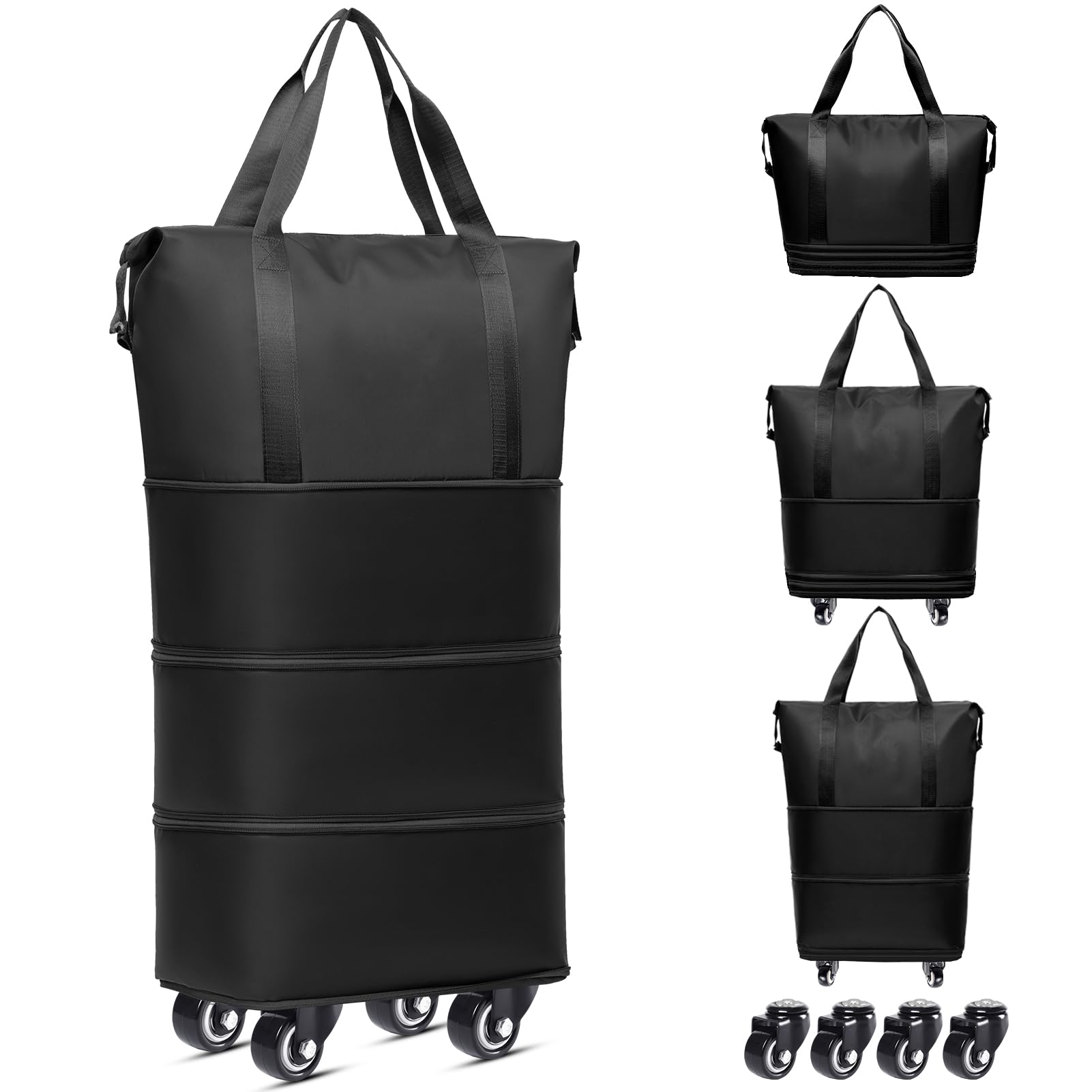 LHDYMXYNExpandable Rolling Duffel Bag with Detachable Wheels – 4-Layer Foldable Wheeled Duffle Bag Travel Suitcase, Lightweight Carry-on Weekend Bag (28-70L Capacity) – Ideal Gift for Women & Men(Black)