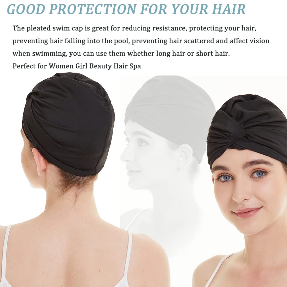 Ladies Pleated Fabric Swimming Cap Chemo Hat Elastic Stylish Spa Caps Sleep Cap Double Layers Bathing Hats Quick Drying Reusable Shower Hat Headwear Head Wraps For Women Long Short Curly Hair - Image 4