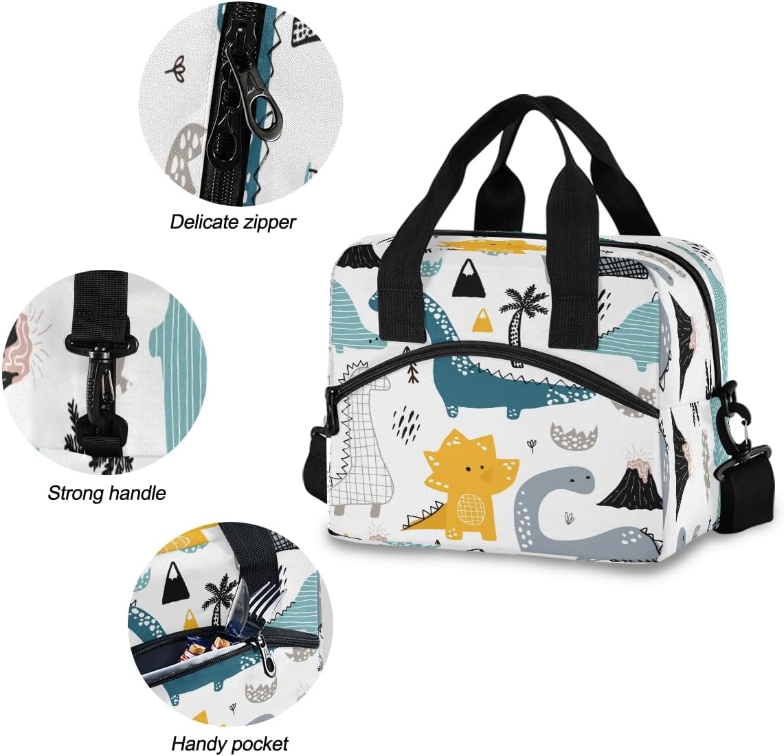 Lunch Bag for Kids Dino Scandinavian Style Insulated Cooler Lunch Box Large Capacity Lunch Organizer for Boys Girls