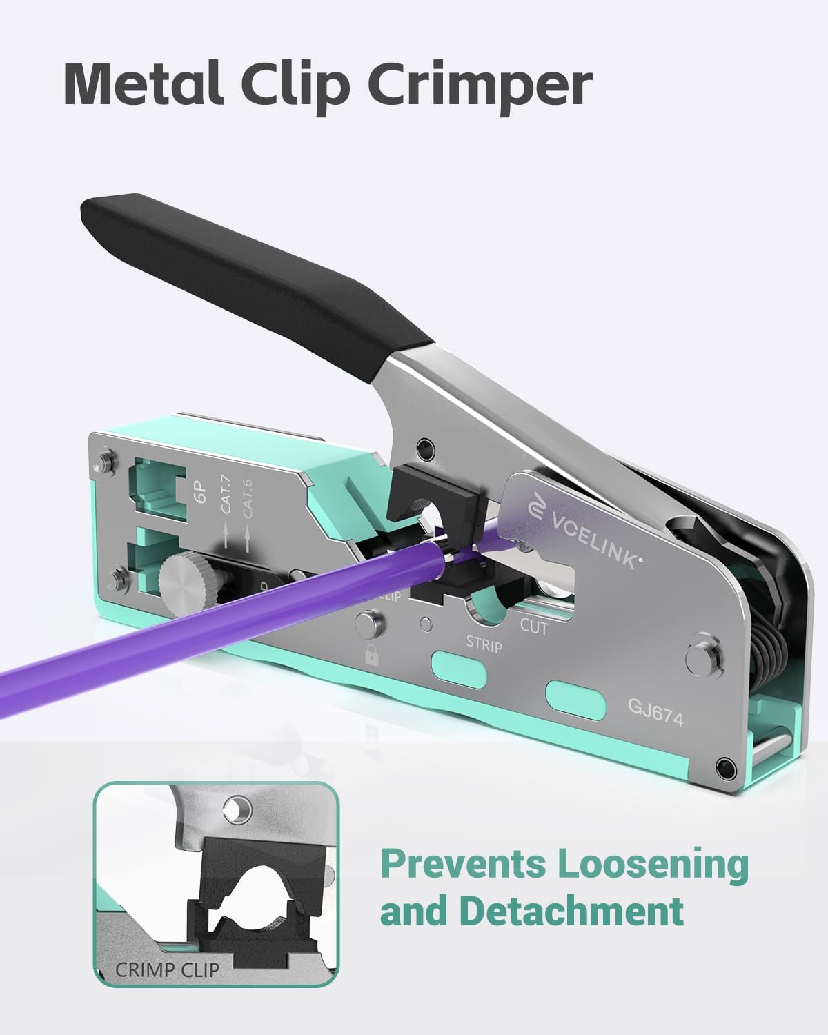 VCELINK RJ45 Crimp Tool with An Adjustable Knob, All-In-One Ethernet Crimper for CAT7/6A/6/5E/5, No Screwdriver Needed for RJ45 and RJ11/RJ12 Crimping (Mint Green)