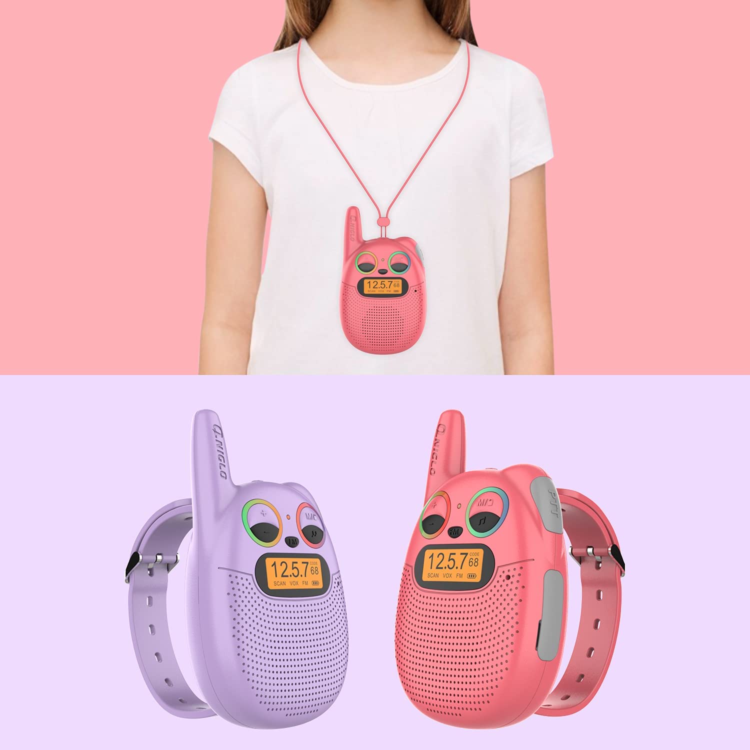 QNIGLO Q136 Walkie Talkie Niños Recargable USB,Radio FM 4Km Alcance 10 Tonos de Llamada,Montar en Bicicleta Acampar Correr,Cumpleaños Regalos para Chicas Chicos,Chulo Walkie con Radio (RojoVioleta) — view 2