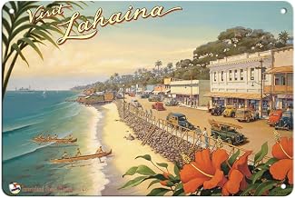 Pacifica Island Art Visit Lahaina - Maui Hawaii - Vintage Hawaiian Travel Poster by Kerne Erickson - 8 x 12 inch Vintage Metal Tin Sign
