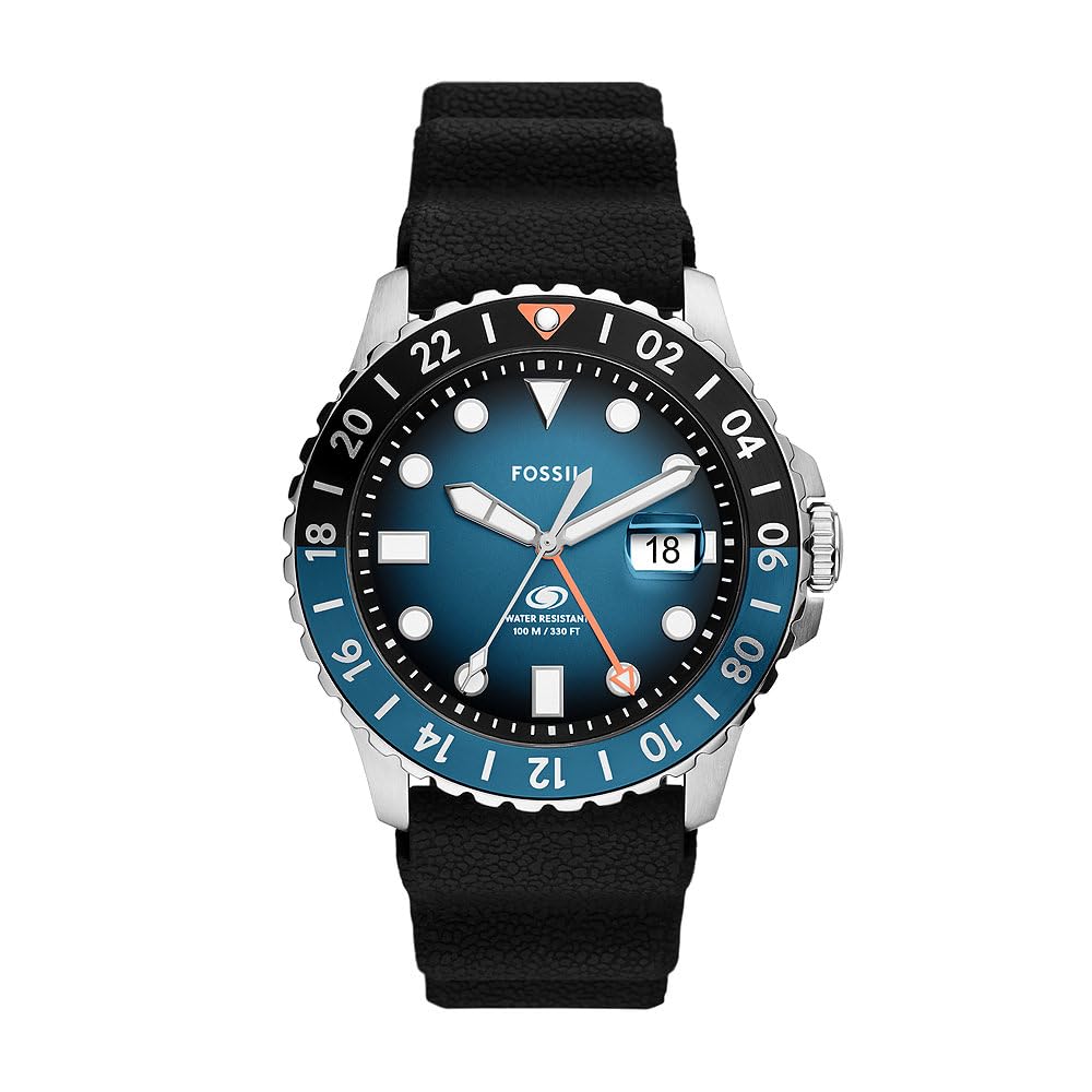 FOSSILFossil Blue GMT Watch for Men, Three Hand Date Movement with Stainless Steel or Silicon Strap