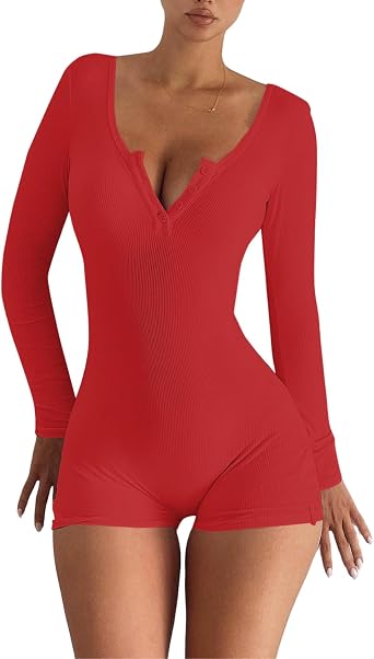 Glitrandi Womens Solid-Color U-Neck Button-Front Bodycon Yoga Romper
