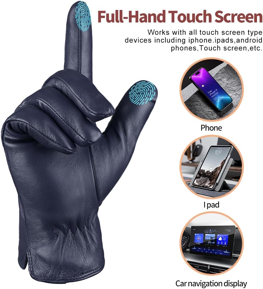 MGGMOKAY Mens Leather Gloves Lambskin Touch Screen Gloves Warm Cashmere Lined - Image 2